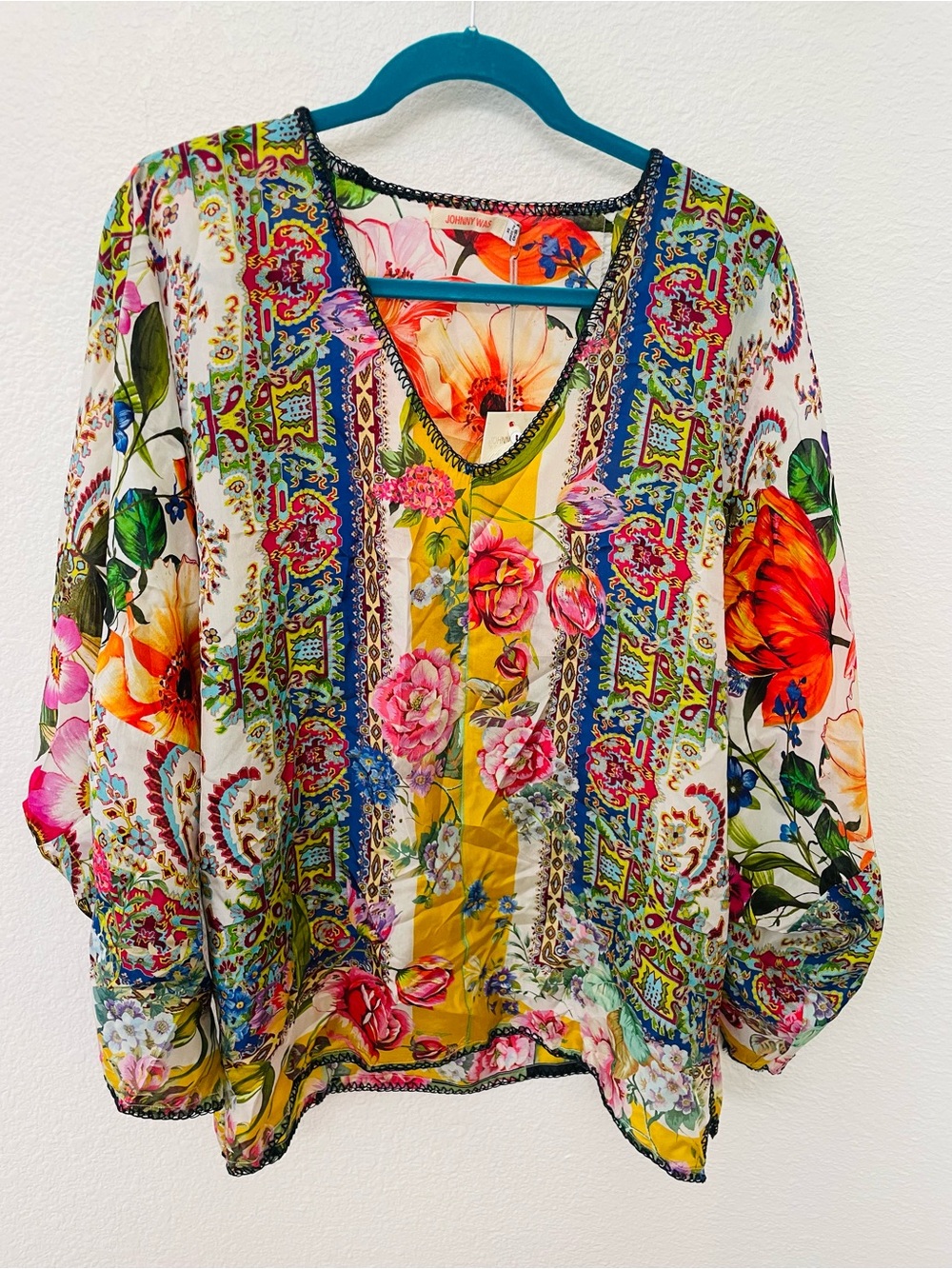 Johnny Was Yellow Multicolor Floral V-Neck Tunic